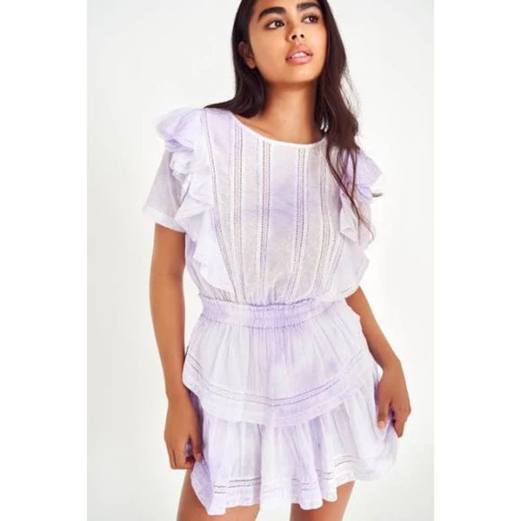 LoveShackFancy Natasha Violet Lavender Mini Dress Lace Inset, ruffles Size L - Picture 1 of 5